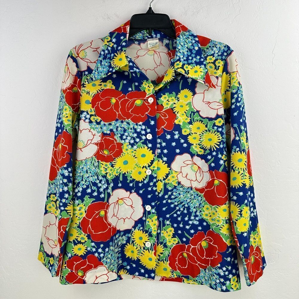 Vtg 70s Queensway Shirt Womens 34 Red Blue Floral Button Long Sleeve Hippie